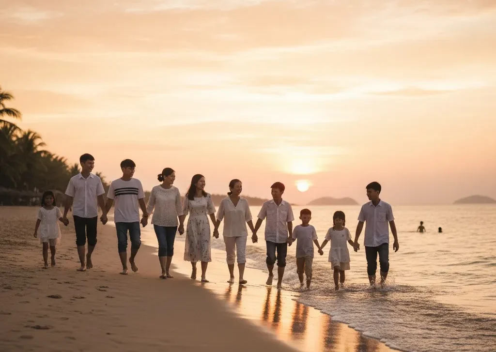 Vé máy bay tết đi Chu Lai, chuyến du xuân đầu năm trọn vẹn! 2 Cả gia đình cùng nhau dạo bên bờ biển dưới ánh hoàng hôn nhẹ nhàng của Chu Lai