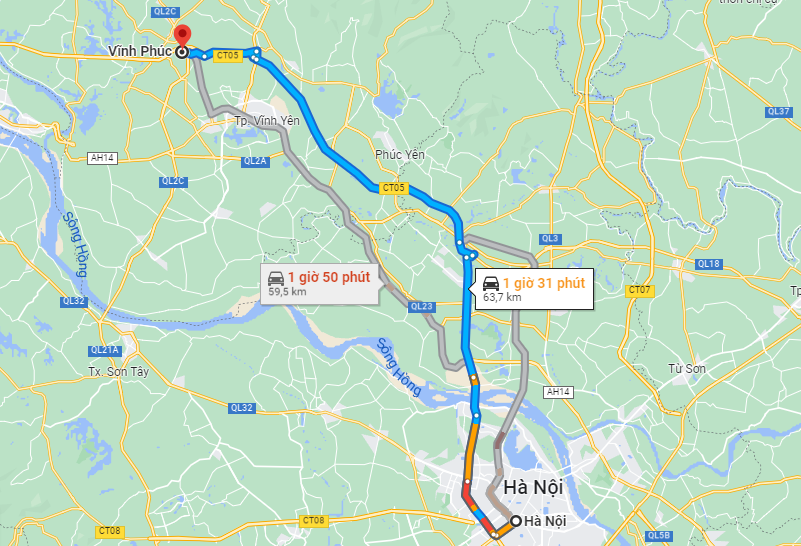 Khoảng cách từ Hà Nội đến Vĩnh Phúc theo Google Maps