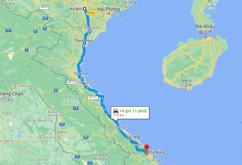 Khoảng cách từ Hà Nội đi Đà Nẵng là 772km đối với đường bộ