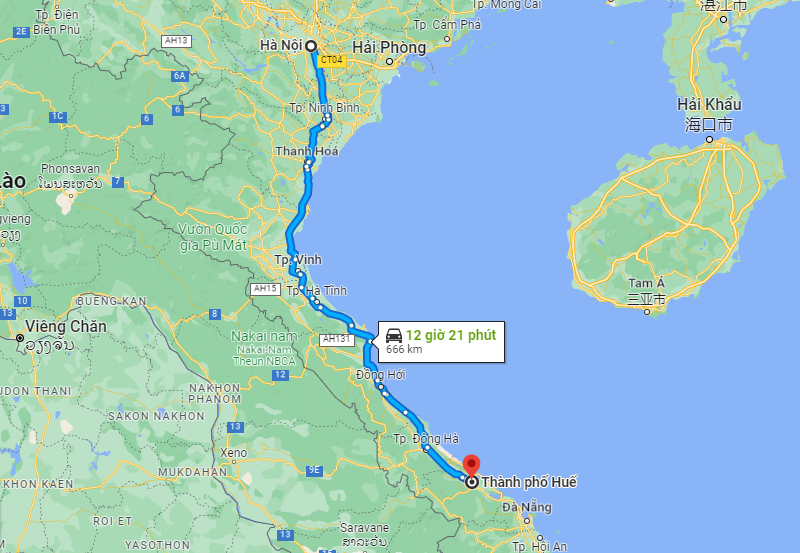 Khoảng cách từ Hà Nội đi Huế theo đường bộ là 666km