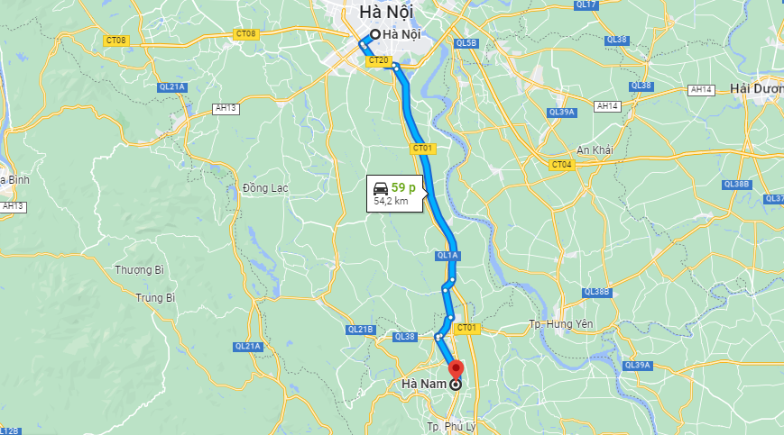 Khoảng cách từ Hà Nội đến Hà Nam là 54,2km
