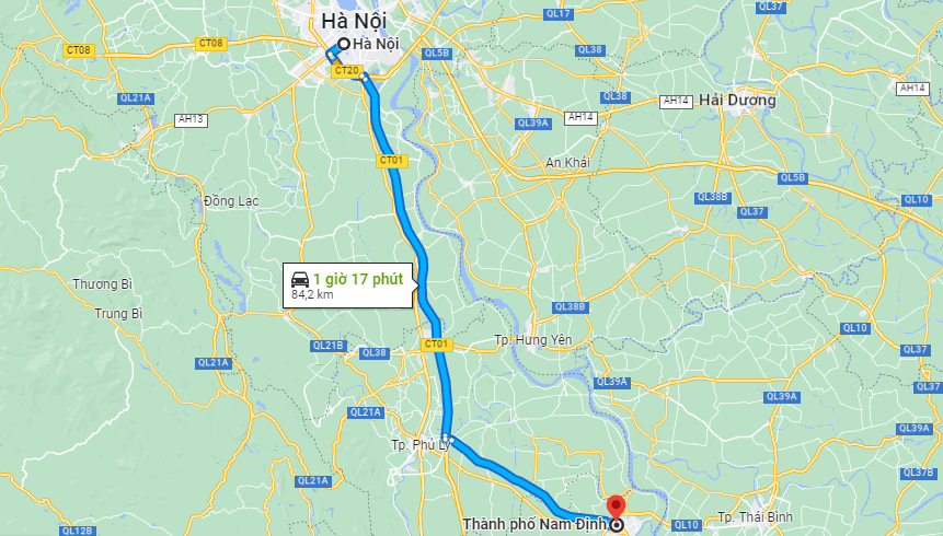 Khoảng cách từ Hà Nội đến Nam Định là 84,2km