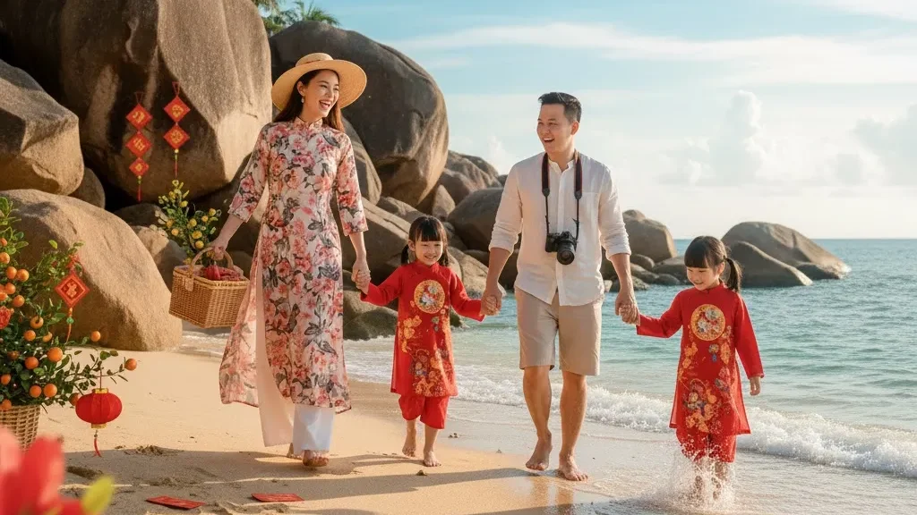 Cả nhà cùng nhau dạo biển tận hưởng không khí dịu dàng của Quy Nhơn