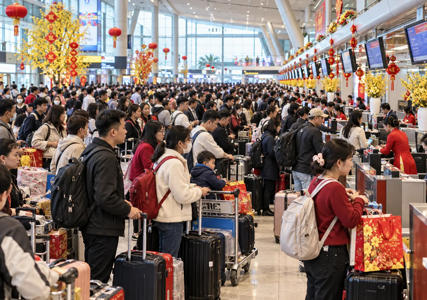 Hàng ngàn người xếp hàng check - in để lên chuyến bay trở về quê hương