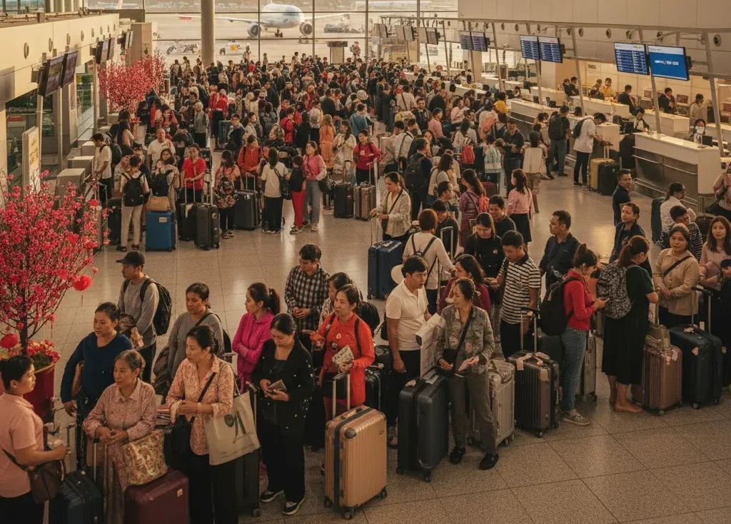 Sân bay đông nghẹt người xếp hàng chờ check in để lên chuyến bay trở về nhà