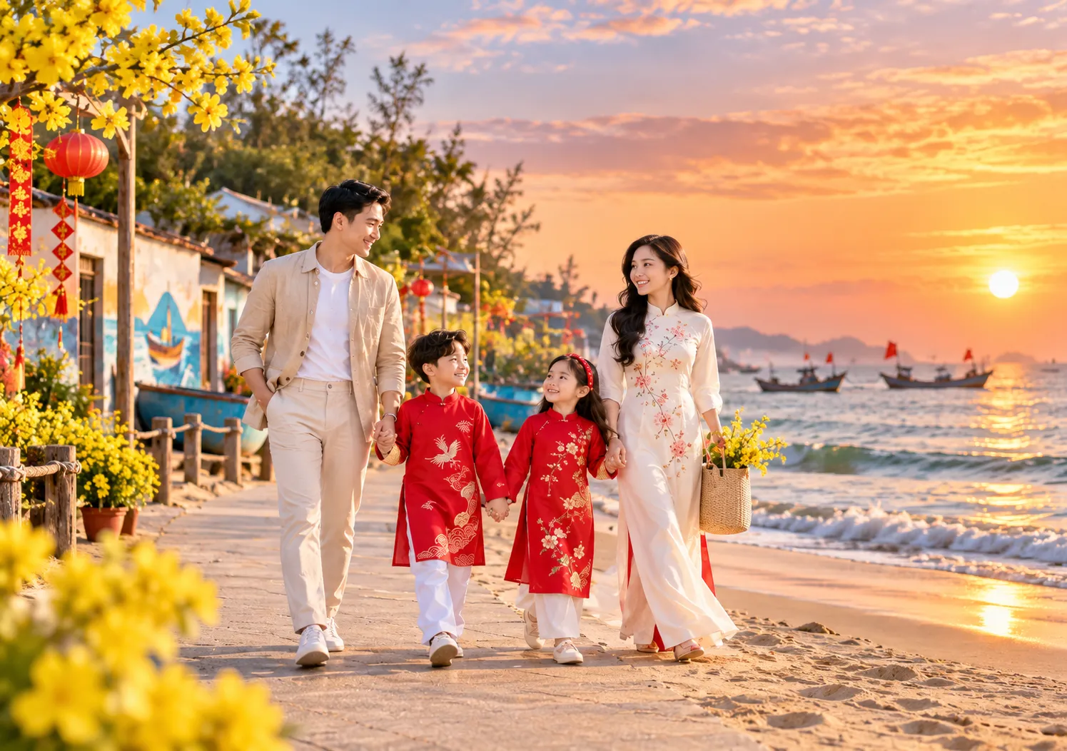 Cả gia đình cùng nhau dạo bên bờ biển dưới ánh hoàng hôn nhẹ nhàng của Chu Lai