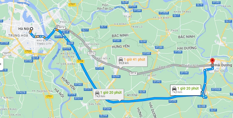 Khoảng cách từ Hà Nội đến Hải Dương theo số liệu từ Google Maps