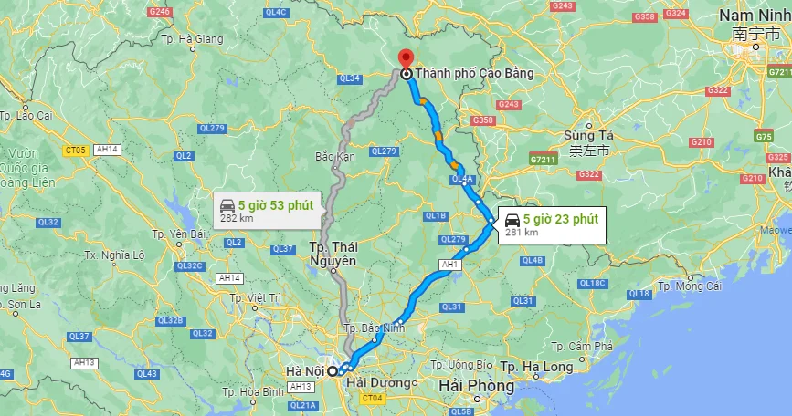 Theo Google Maps, khoảng cách từ Hà Nội đến Cao Bằng là 281km