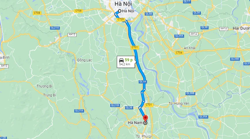 Khoảng cách từ Hà Nội đến Hà Nam là 54,2km