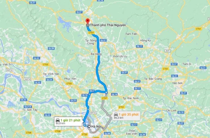 Khoảng cách từ Hà Nội đến Thái Nguyên bao nhiêu km?