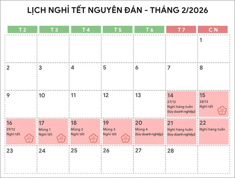 Lịch nghỉ Tết Nguyên Đán 2026 mới cập nhật