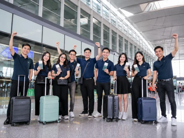 Nhân viên công ty check-in sân bay khi đặt vé đoàn Phú Quốc cho chuyến teambuilding