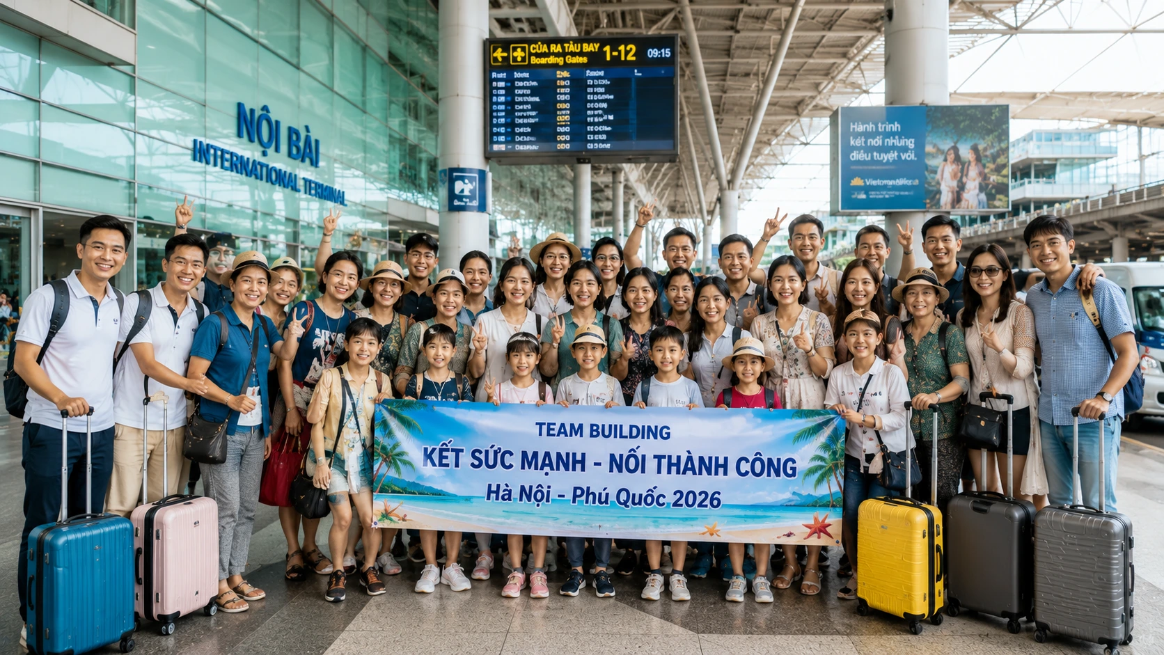 Đặt vé đoàn Hà Nội Phú Quốc cho tập thể công ty đông người vui vẻ tại sân bay