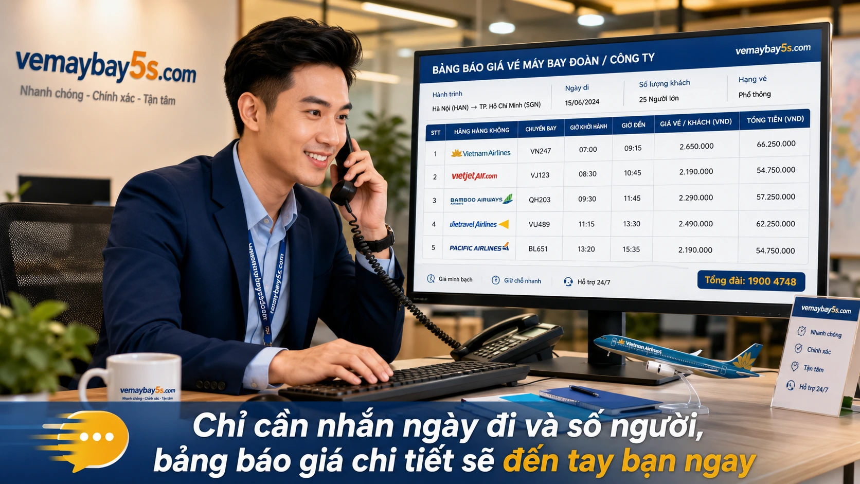 Nhân viên vemaybay5s.com báo giá vé đoàn tháng 6 nhanh rõ ràng